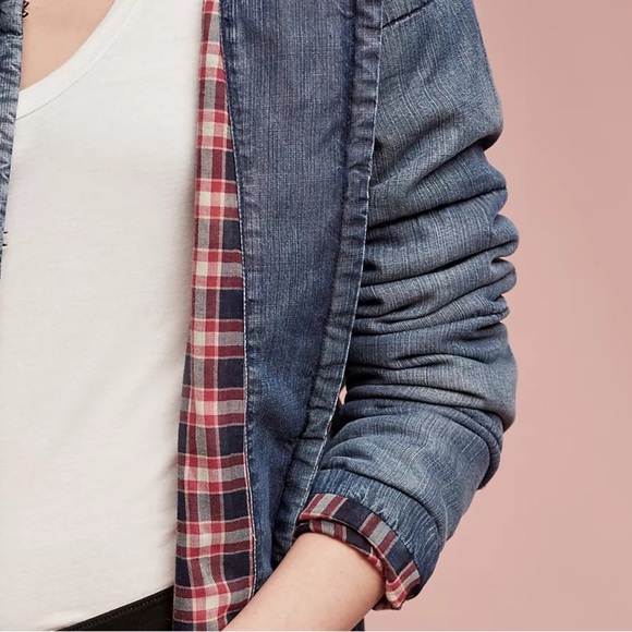 Anthropologie Cloth & Stone Chambray Quilted Plaid-lined Car Coat - Picture 2 of 7